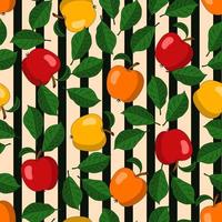 Seamless pattern with red, orange, yellow apples and leaves on beige background with black vertical stripes. Vector illustration.