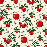 Seamless rhombus pattern with cowberries, apples, rowan in diagonal wavy grid Good for kitchen, home decoration vector