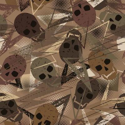 Seamless pattern with skulls, grunge paint brush stroke, lightning, dotted halftone shapes. Camouflage colors for apparel, fabric, textile, sport goods. Modern grunge texture.