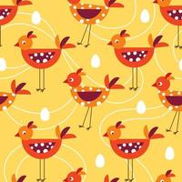 Seamless pattern with cute cartoon birdies on thin legs, eggs, lines. Simple geometric style. Vector design elements. Good for kid fabric, textile.