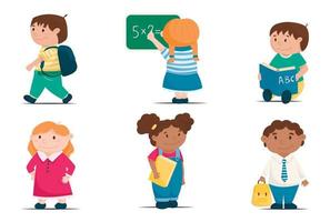 Cartoon vector set of cute children, school kids going back to school. Smiling pupils with books and backpacks. New normal