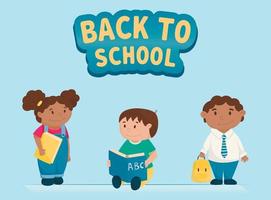 conjunto de vectores de dibujos animados de niños. alumnos con libros y mochilas sonriendo. cartel de regreso a la escuela.