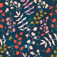 Vector seamless trending pattern. Bright twigs and branches with leaves, berries and flowers. Doodle style buds with petals on stems. Modern cute decoration for background or wrapping paper.