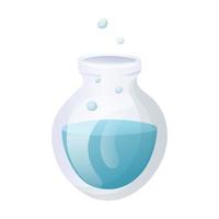 Vector cartoon image of a glass flask for chemical experiments with a liquid or reagent inside. Laboratory glassware for school or university.