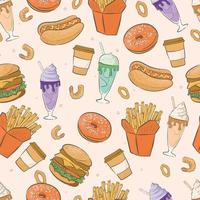 Cartoon seamless pattern with fast food and milkshakes. vector