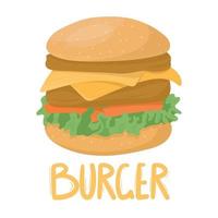 Tall delicious burger with two cutlets and cheese. Fast food vector illustration.