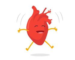 Cute cartoon happy healthy human heart character jumped up. Express feelings of love happiness and joy. Vector circulatory organ mascot. Funny happy symbol eps illustration
