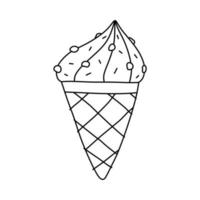 lindo cono de helado aislado sobre fondo blanco. comida dulce. ilustración vectorial dibujada a mano en estilo garabato. perfecto para varios diseños, tarjetas, decoraciones, logo, menú. vector