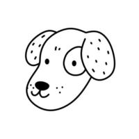 Cute dog face isolated on white background. Happy puppy. Vector hand-drawn illustration in doodle style. Perfect for decorations, cards, logo, various designs. Simple cartoon character.