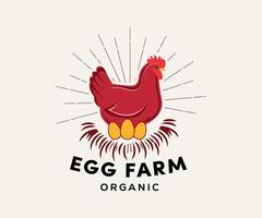 Organic fresh farm eggs vector logo with red chicken