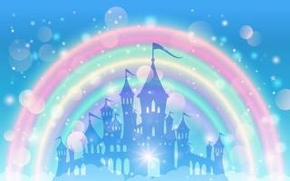 Fantasy background of magic sky, rainbow and sparkling stars. Vector illustration for children.