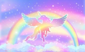 Fondo de arco iris con silueta de unicornio alado con estrellas. vector