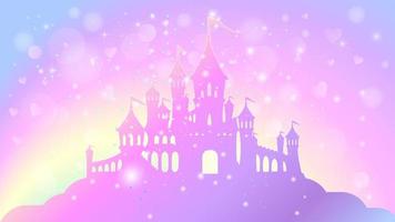 Silhouette of a magic princess palace on a background of a rainbow sky.