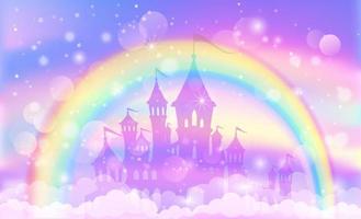 Silhouette of a unicorn with wings on a background of a rainbow sky with stars.