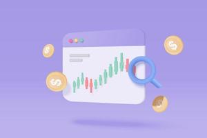 3D online trading with browser on purple background. Browser using funding business graph on computer with money coin concept. 3d vector trading for business investment render illustration