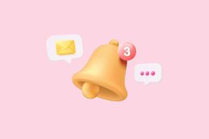 3D minimal notification bell icon with color objects floating around on pastel background. new alert concept for social media element. 3d bell alarm vector render isolated on pastel background
