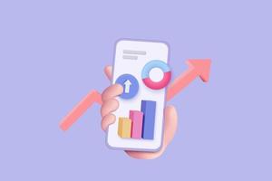 3D vector hand holding mobile isolated on pastel purple background. Hand using funding business graph on application under creative solution concept in 3D vector. 3d trading for business investment