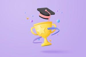 3D graduation of university, college for student. graduation hat and diploma with prize winner and golden cup. 3d vector education diploma for student award ceremony concept render illustration