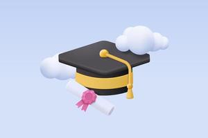 3d graduación de la universidad, colegio por concepto de estudiante. sombrero de graduación y estilo de dibujos animados de diploma con fondo de nube de cielo. Diploma de educación de vector 3d para el éxito del estudio del estudiante ilustración de renderizado