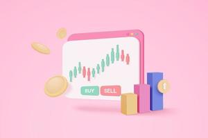 3D online trading with browser on pink background. Browser using funding business graph on computer with money coin concept. 3d vector trading for business investment render illustration