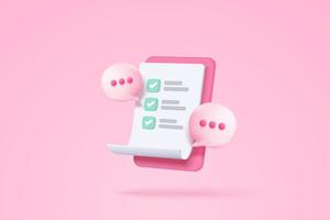 3d white clipboard task management todo check list with bubble, efficient work on project plan, fast progress, level up concept, assignment and exam checklist icon. 3d vector render on pink background