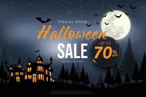 cartel de gran venta de halloween con castillo embrujado y luna llena. fondo de halloween ilustración vectorial vector