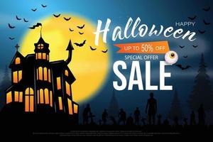 Happy Halloween promo sale flyer with Halloween elements. Scary castle, bats, zombie, grave, ghost hand, cross. Vector illustration for poster, banner, discount, special offer.