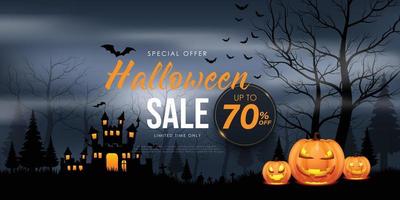 Halloween big sale poster with haunted castle and full moon. Halloween background. Vector illustration.