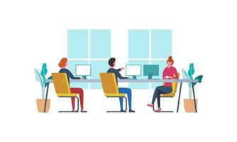 Group of office workers sitting at desks and communicating or talking to each other vector