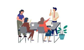 Group of office workers sitting at desks and communicating or talking to each other vector