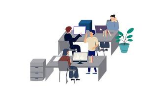 Group of office workers sitting at desks and communicating or talking to each other vector