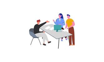 Group of office workers sitting at desks and communicating or talking to each other vector