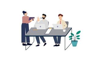 Group of office workers sitting at desks and communicating or talking to each other vector