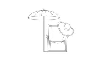 Summer vacation concept in line art drawing style. Coast of the sea, umbrella, people relaxing on a vector