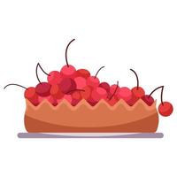 Fresh cherry pie on a plate, isolated on white background. Close-up vector illustration