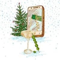 Festive Christmas, New year concept holiday online greeting party Hand drawn smartphone, gifts, glass of champagne and fir tree decorated red balls on snowy background Vector illustrations