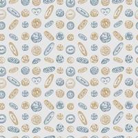 Seamless pattern with hand-drawn vintage sewing tools. Buttons, threads, needles, pins, spools. Sketch engraving style. Retro digital paper, old fabric design Vector