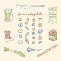 Set of hand-drawn vintage sewing tools. Buttons, Needles, silk thread, threads for embroidery, needle pad, spools Sketch engraving style. Elements for logos, icons isolated on beige background. Vector