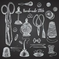 Set of hand-drawn chalk vintage sewing tools. Sew machine, Needle, scissors, mannequin, buttons, tailor meter. Sketch engraving style. Logos, icons elements isolated on chalkboard background. Vector