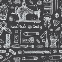 Seamless pattern with chalk hand-drawn vintage sewing tools on chalkboard Scissors, buttons, threads, needles, pins, spools, tailor meter, lace Sketch engraving. Retro digital paper, old fabric Vector