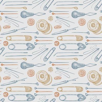 Seamless pattern with hand-drawn vintage sewing tools. Buttons, threads, needles, pins, spools. Sketch engraving style. Retro digital paper, old fabric design Vector