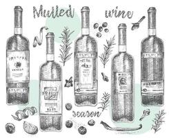 Set of hand drawn Christmas winter spices pattern, glasses of traditionally hot winter drinks and wine bottle . Good idea for templates menu, recipes, greeting cards. Vector illustration