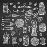 Set of hand-drawn chalk vintage sewing tools. Sew machine, Needle, scissors, mannequin, buttons, tailor meter. Sketch engraving style. Logos, icons elements isolated on chalkboard background. Vector