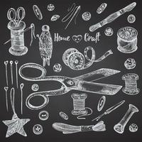 Set of hand-drawn chalk vintage sewing tools. Sew machine, Needle, scissors, mannequin, buttons, tailor meter. Sketch engraving style. Logos, icons elements isolated on chalkboard background. Vector