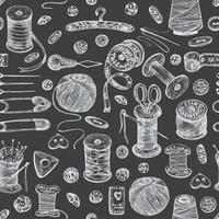 Seamless pattern with chalk hand-drawn vintage sewing tools on chalkboard. Buttons, threads, needles, pins, spools. Sketch engraving style. Retro digital paper, old fabric design Vector