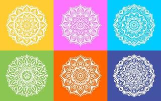 set of white mandala art round decorative texture design with multicolor background vector