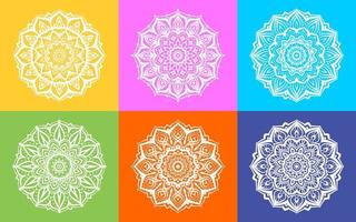 set of white mandala art round decorative texture design with multicolor background vector