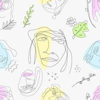 seamless pattern woman face and leaves continuous line doodle style for web or print vector design element