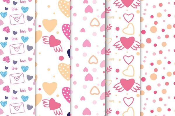Delicate seamless pattern collection with different love shapes. Love minimal pattern bundles with white backgrounds. Romantic decoration pattern set for bed sheets or wallpapers.