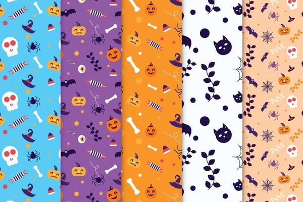 Scary Halloween pattern bundle with witchcraft elements and dead skulls. Halloween endless pattern set with purple and orange color backgrounds. Minimal Halloween pattern collection for wallpapers.